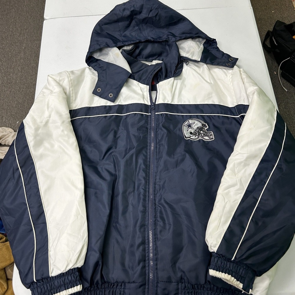 NFL Dallas Cowboys Puffer Jacket Mens L Blue White Hooded Star Logo Vintage G2